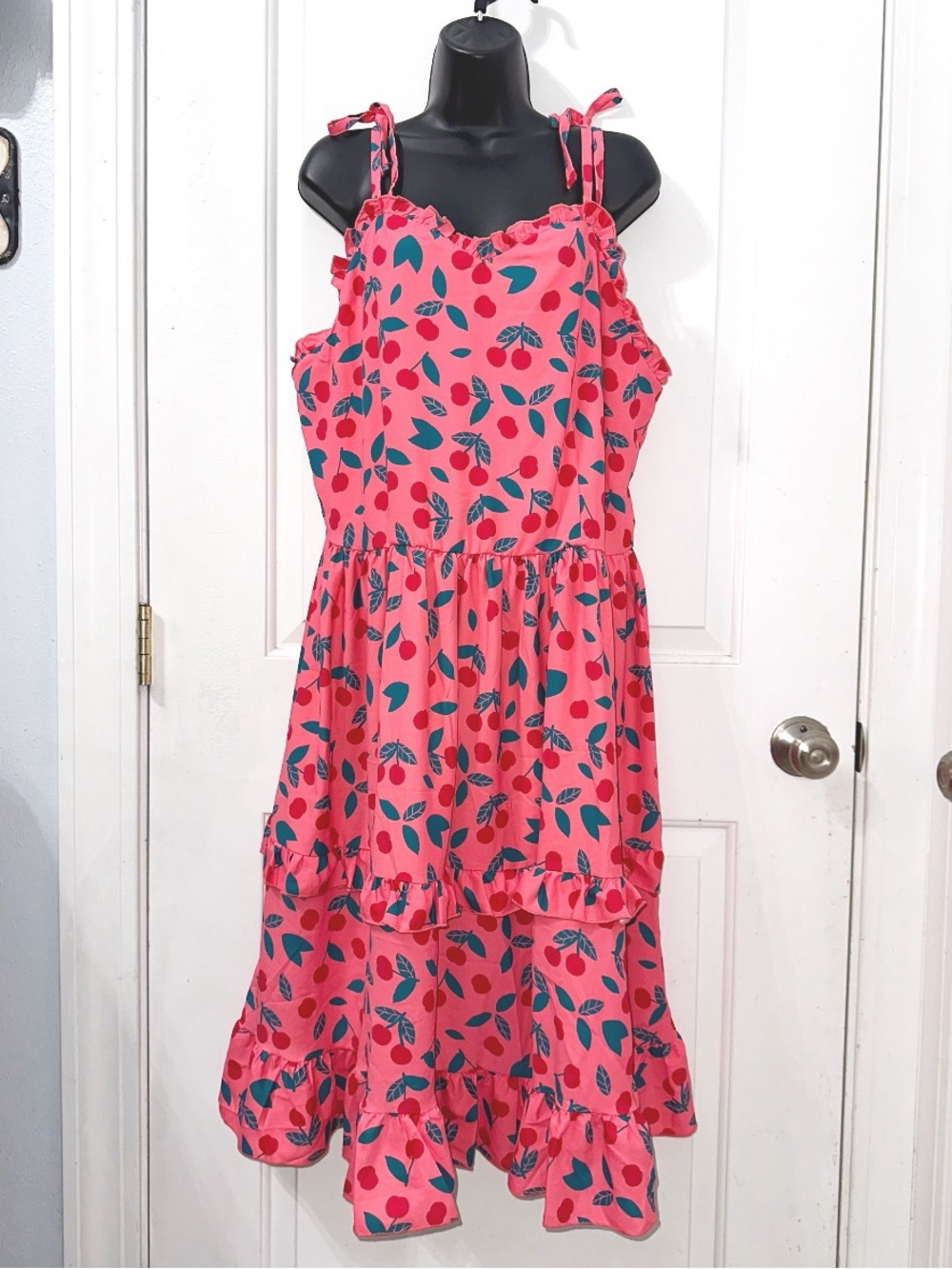 Sydney So Sweet vibrant pink midi dress detailed red cherry & green leaf print